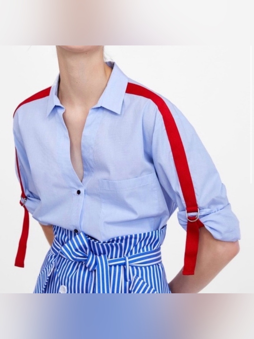 Zara | size medium, Light Blue Button Shirt with Red Shoulder Straps